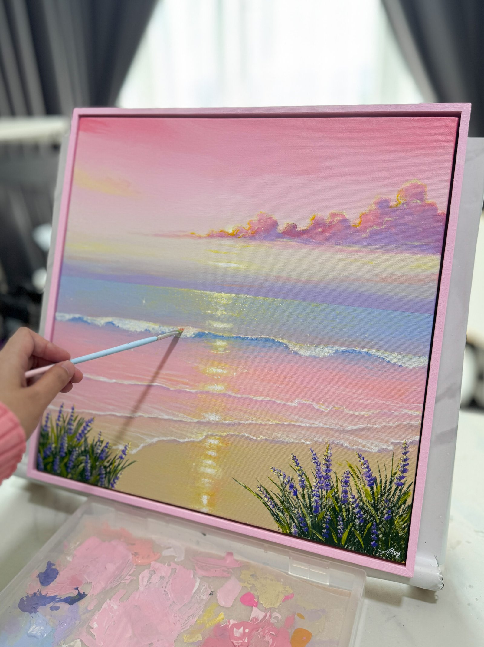 "Blush of Stillness" on 40x40cm gallery canvas with floating frame - Image 5